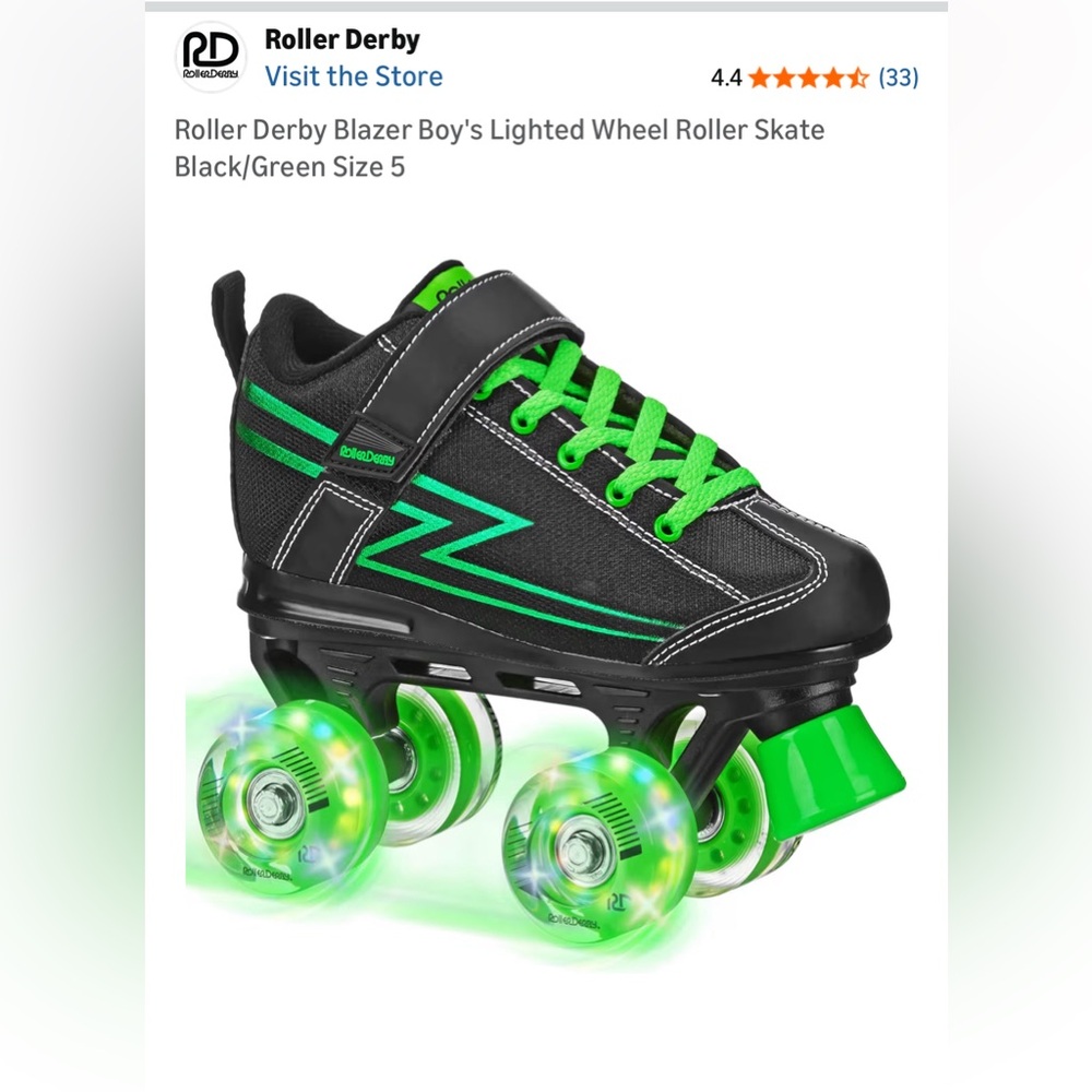 Roller Derby Blazer Boys Light Up Wheel Roller Skates Black Green 5 NEW IN BOX